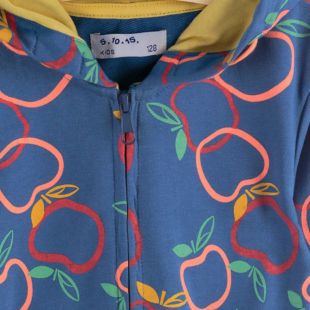 51015 Apple Print Blue Zipper Hoodie 8420