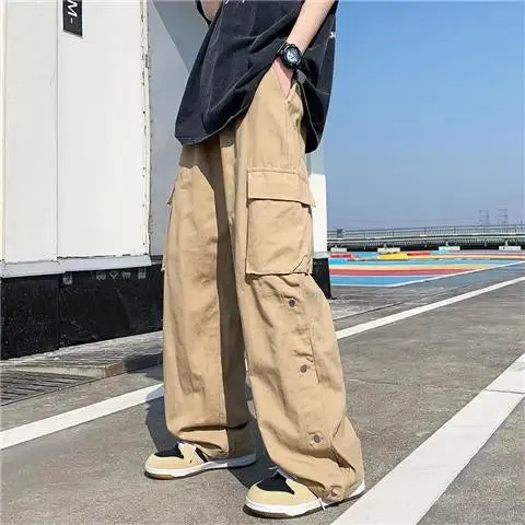 Advbridge  -  New Harajuku Style High Waist Cargo Pants For Men Solid Big Pockets Loose Wide Leg Trousers Men Straight Casual Pants