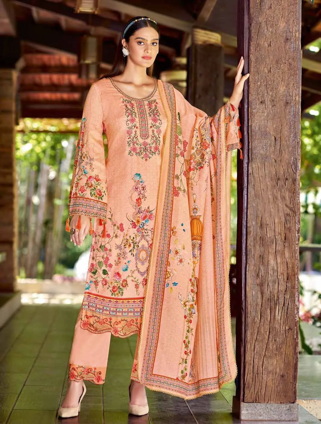 Alok Unstitched Orange Pakistani Printed Salwar Suit Material