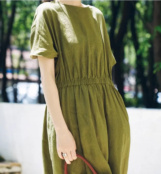 Army Green Summer Women's Linen Dress/9986