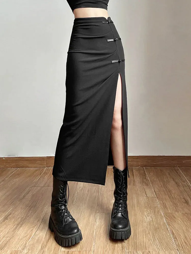 Black Split Casual Street Outing Skirt