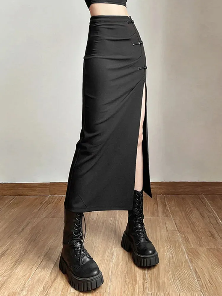 Black Split Casual Street Outing Skirt