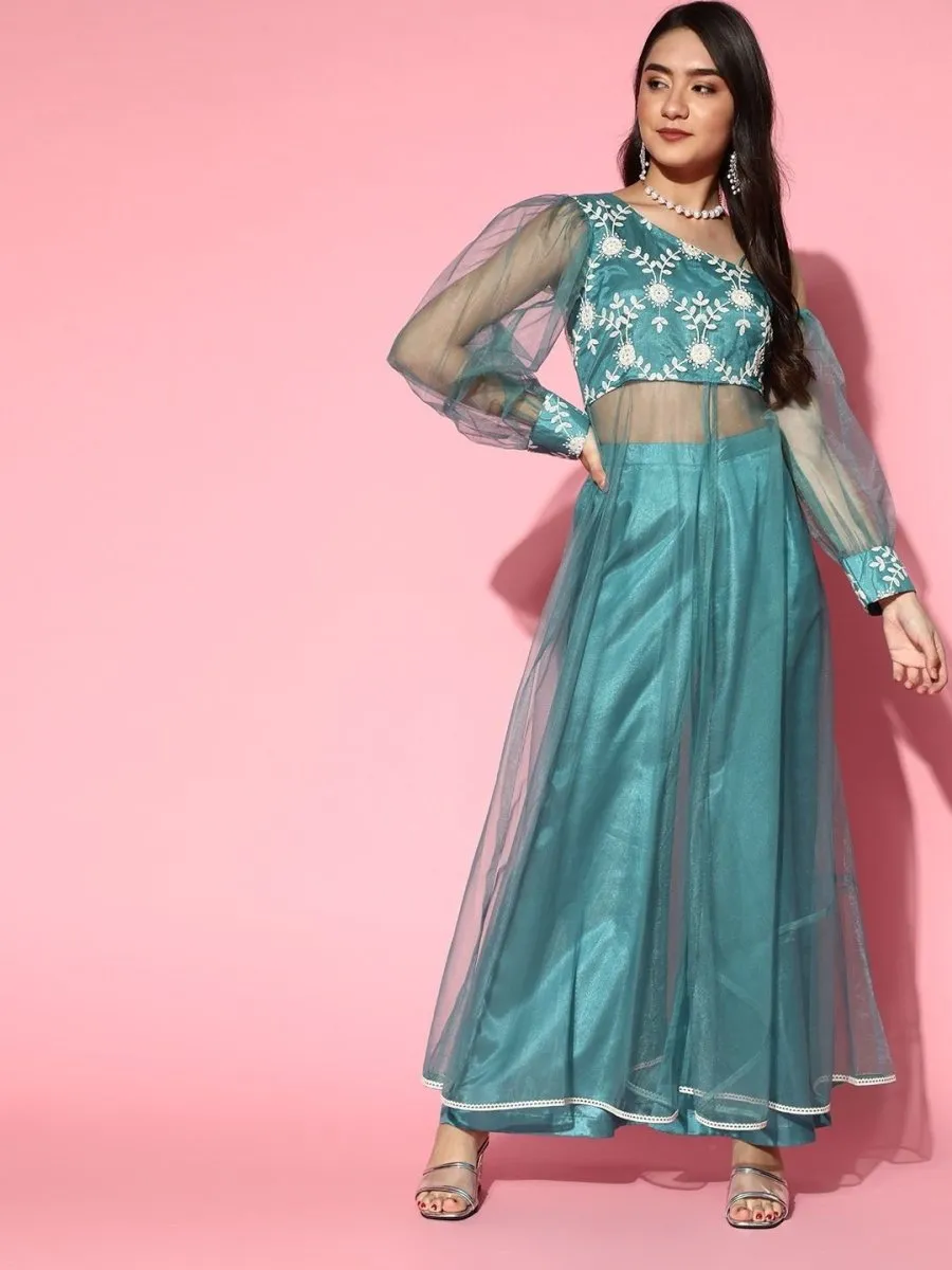 Blue Net Embroidered Kurta with Palazzo