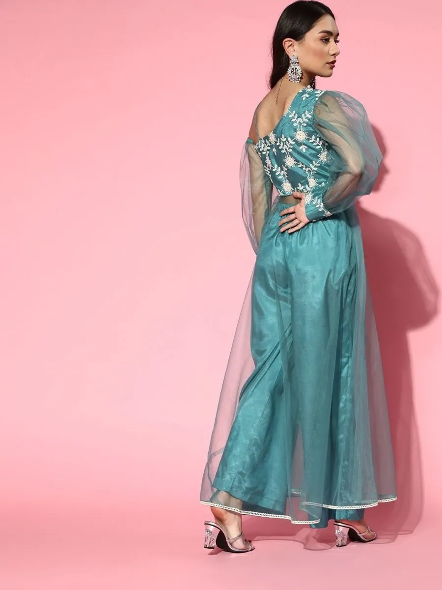 Blue Net Embroidered Kurta with Palazzo