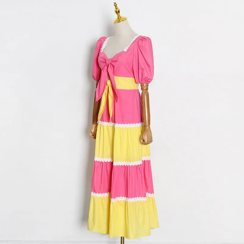 Bohemian Square Neck Puff Sleeves Cutout Maxi Dress