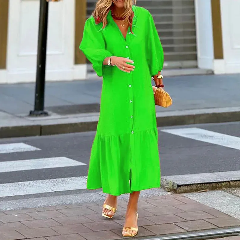 Breasted Commuter Elegant Solid Color Long Sleeved Summer Casual Loose Pleated Party2024Lady V-neck Single Dress