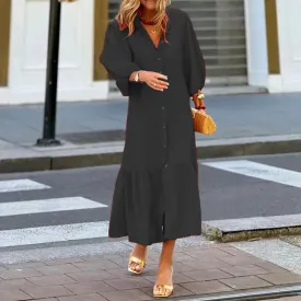 Breasted Commuter Elegant Solid Color Long Sleeved Summer Casual Loose Pleated Party2024Lady V-neck Single Dress