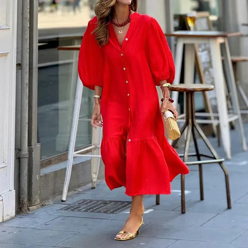 Breasted Commuter Elegant Solid Color Long Sleeved Summer Casual Loose Pleated Party2024Lady V-neck Single Dress