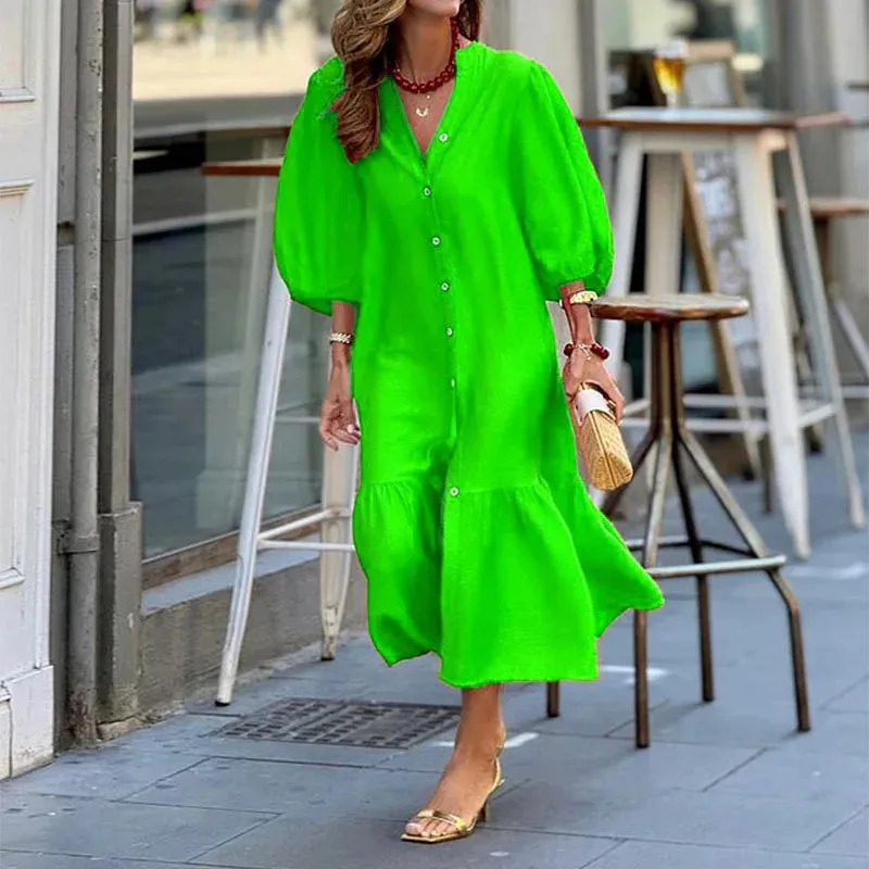 Breasted Commuter Elegant Solid Color Long Sleeved Summer Casual Loose Pleated Party2024Lady V-neck Single Dress