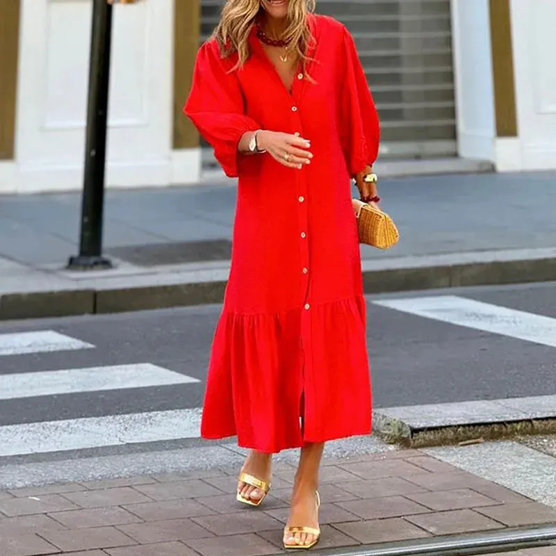 Breasted Commuter Elegant Solid Color Long Sleeved Summer Casual Loose Pleated Party2024Lady V-neck Single Dress