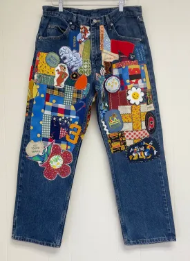 Cartoon Hippie Patched Jeans - Mens Size 34 - Hippie Style Denim Hand-Patched Upcycled Straight Leg Jeans