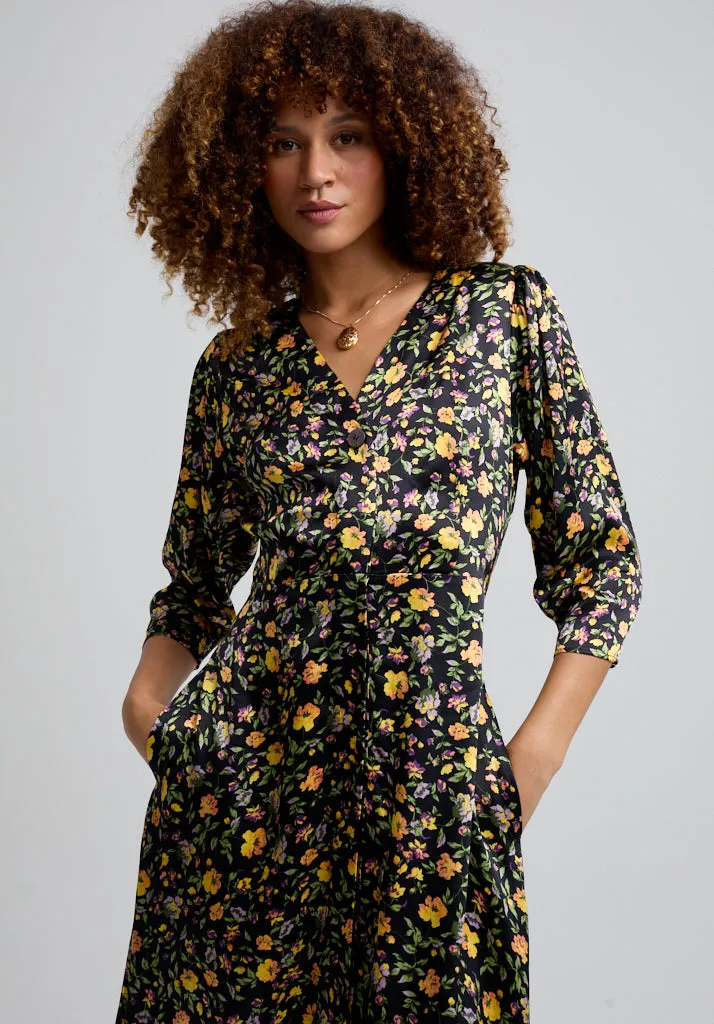 Charlotte Button Front Floral Print Midi Dress In Multi