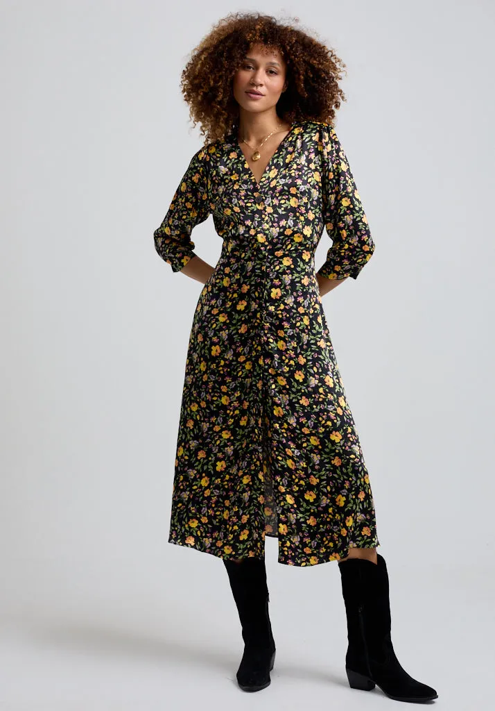 Charlotte Button Front Floral Print Midi Dress In Multi