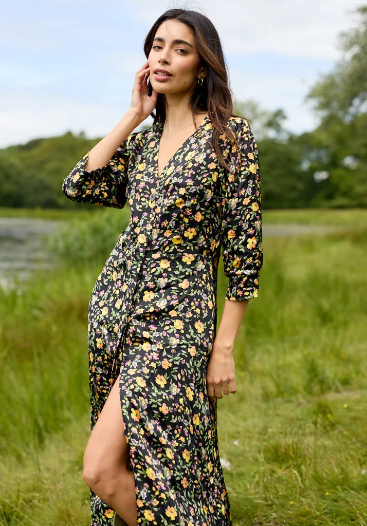 Charlotte Button Front Floral Print Midi Dress In Multi