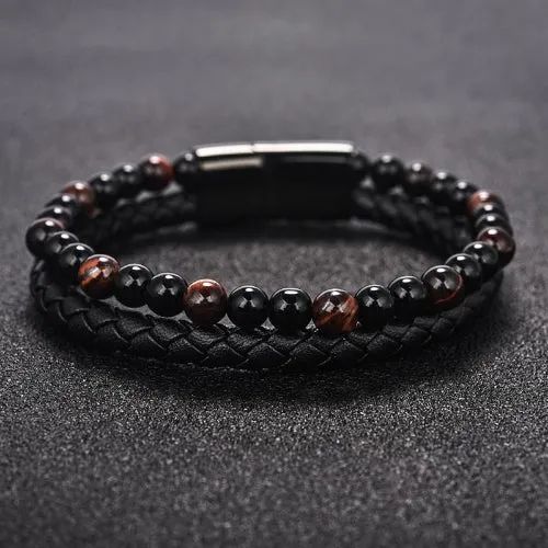 Classy Men Black Dual Beaded Leather Bracelet