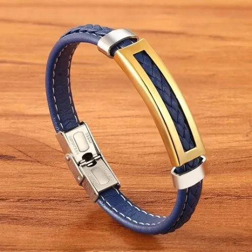 Classy Men Blue Gold Leather Band Bracelet