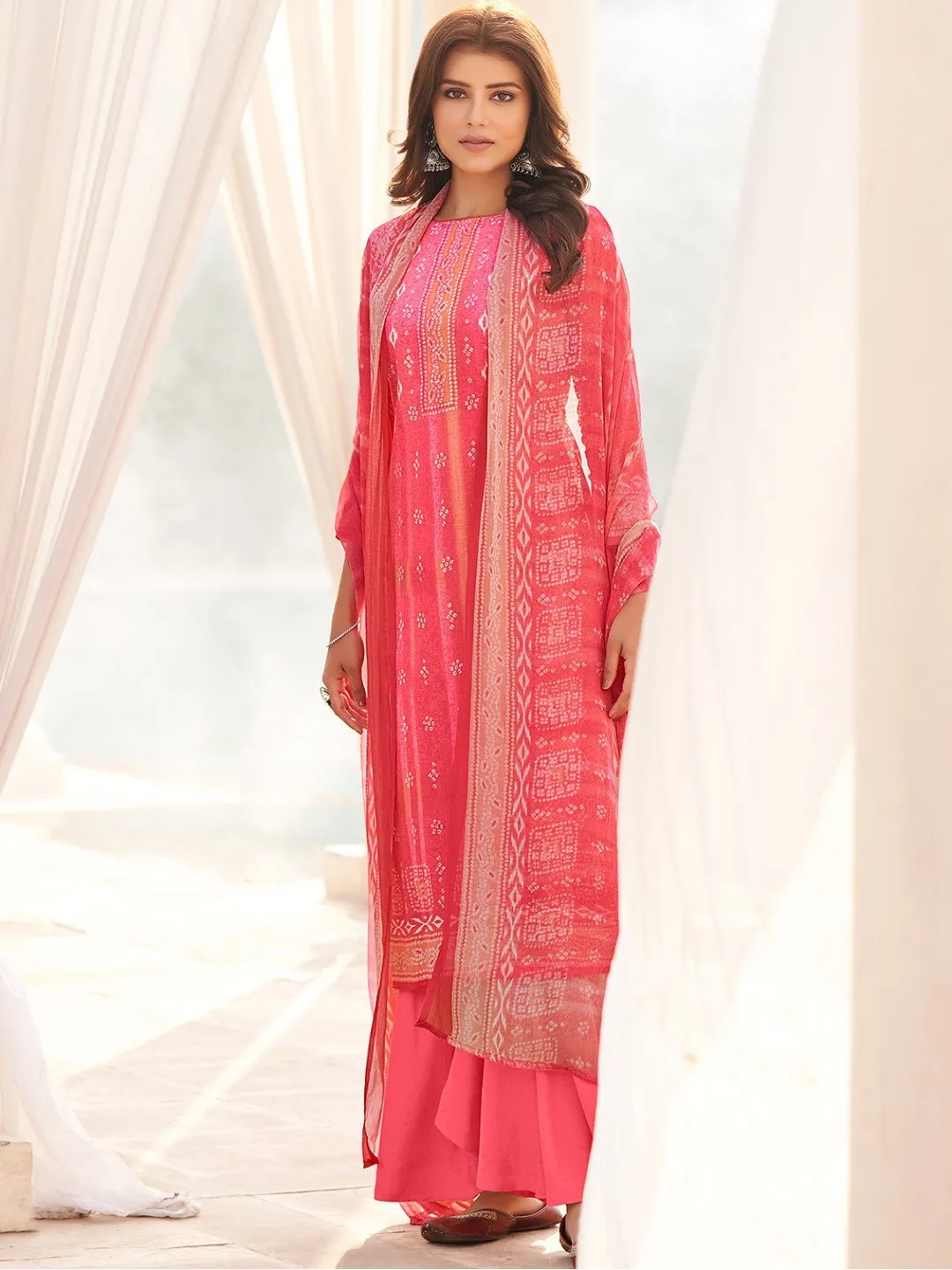 Cotton Printed Pink Un-Stitched Suit with chiffon Dupatta