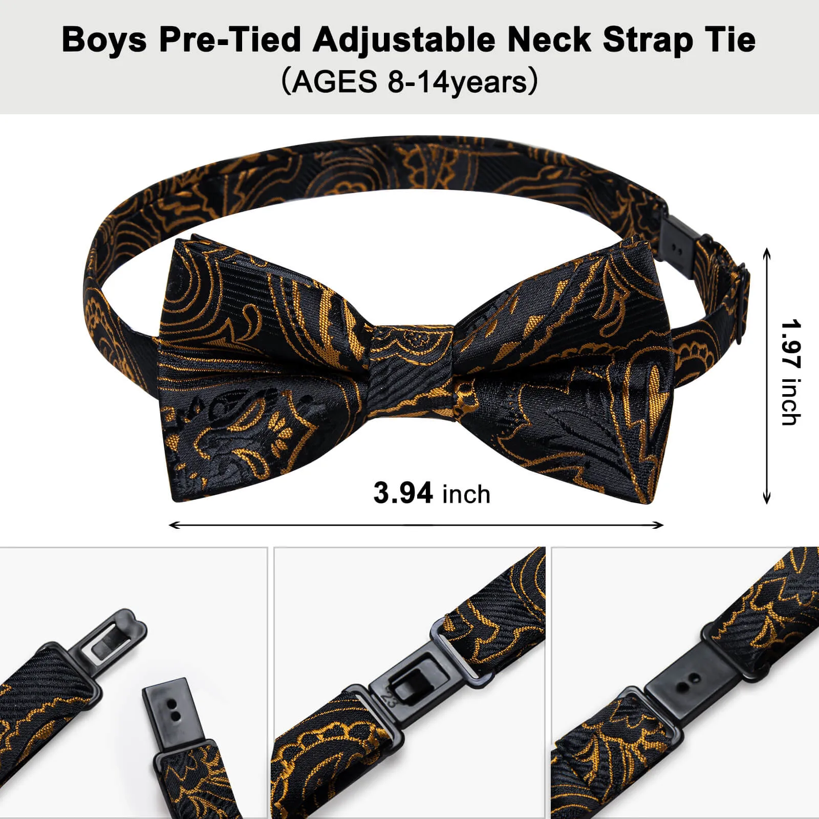 DiBanGu Kids Bow Tie Black Gold Woven Floral Silk Pre-Bow Tie Hanky Set