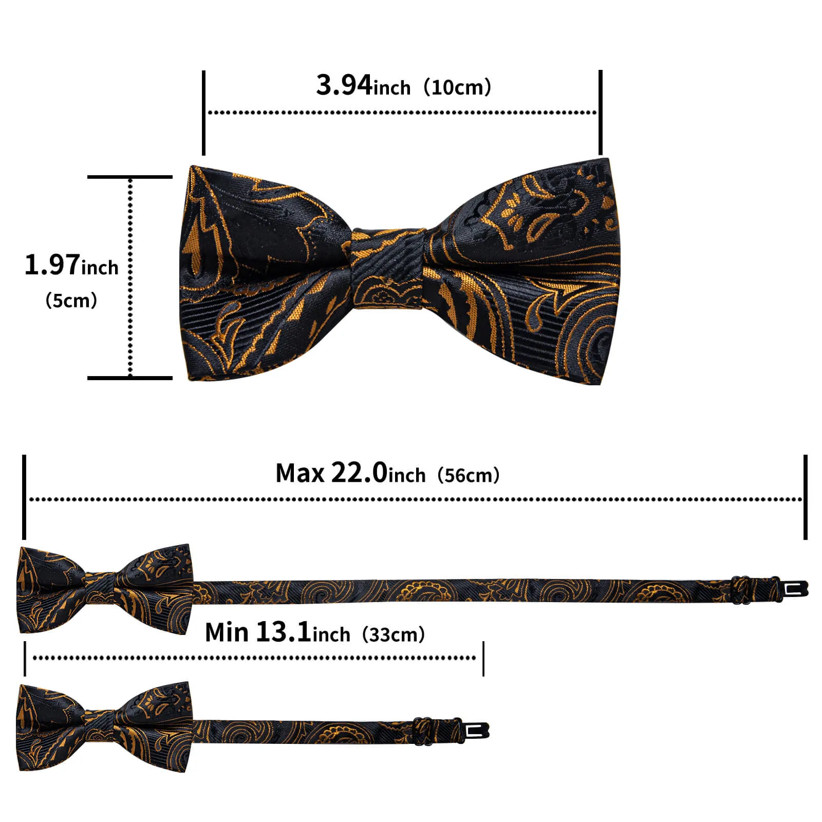 DiBanGu Kids Bow Tie Black Gold Woven Floral Silk Pre-Bow Tie Hanky Set