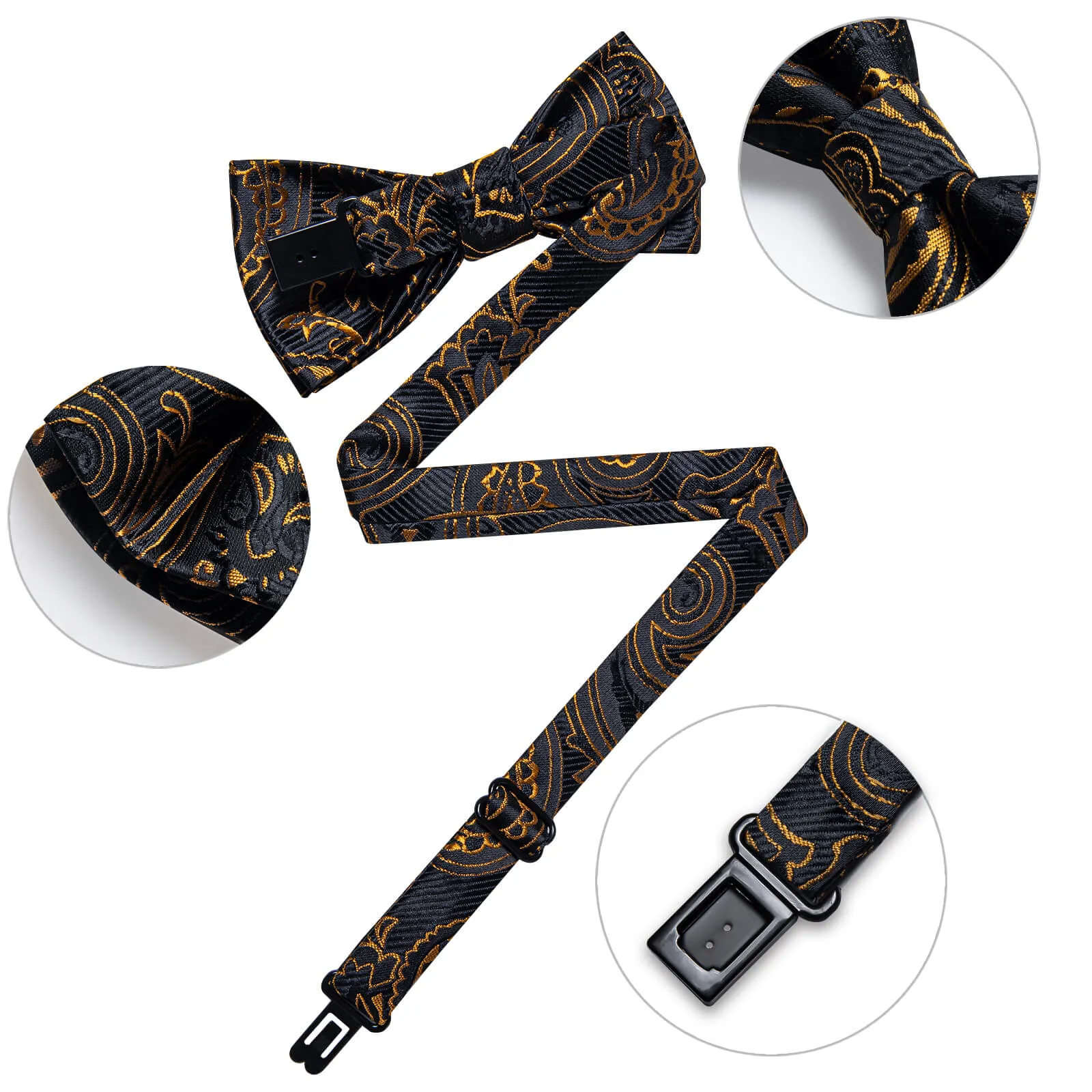 DiBanGu Kids Bow Tie Black Gold Woven Floral Silk Pre-Bow Tie Hanky Set