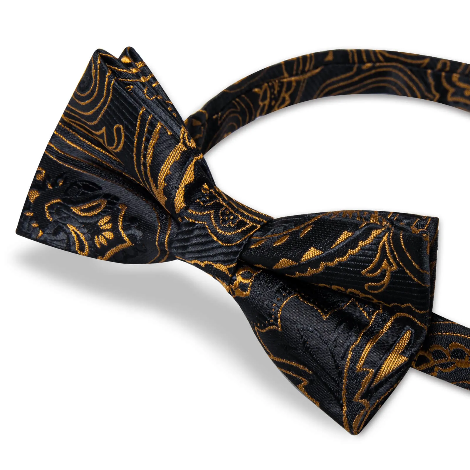 DiBanGu Kids Bow Tie Black Gold Woven Floral Silk Pre-Bow Tie Hanky Set