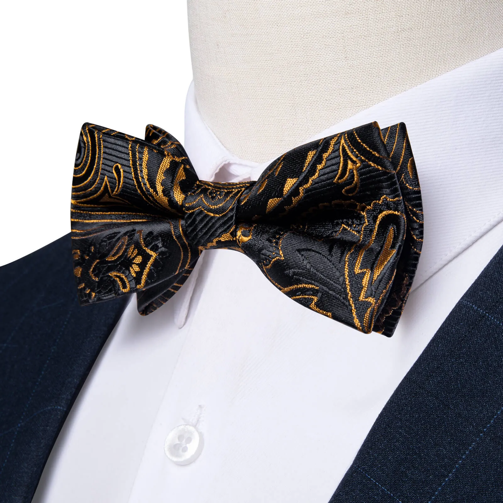 DiBanGu Kids Bow Tie Black Gold Woven Floral Silk Pre-Bow Tie Hanky Set