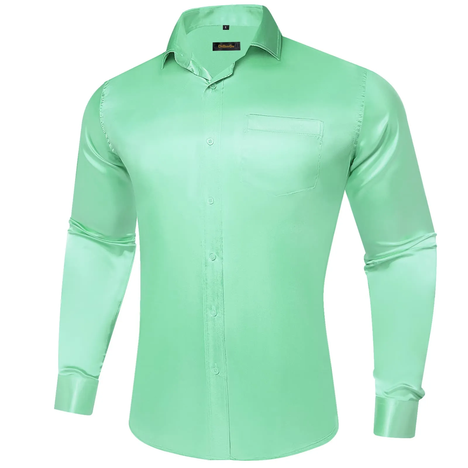 DiBanGu Long Sleeve Shirt Mint Green Solid Satin Men's Silk Shirt