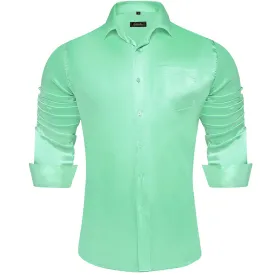 DiBanGu Long Sleeve Shirt Mint Green Solid Satin Men's Silk Shirt