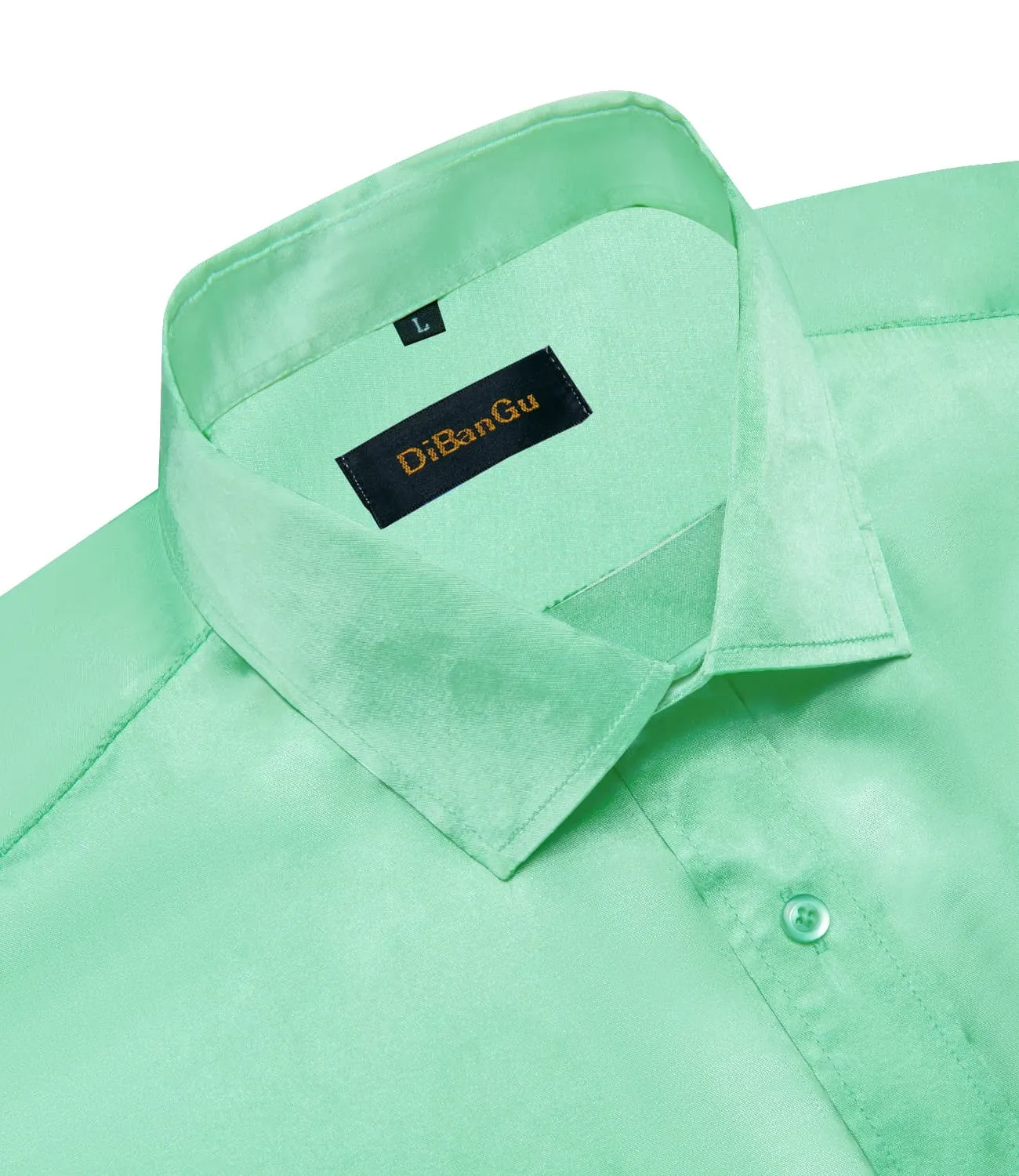 DiBanGu Long Sleeve Shirt Mint Green Solid Satin Men's Silk Shirt