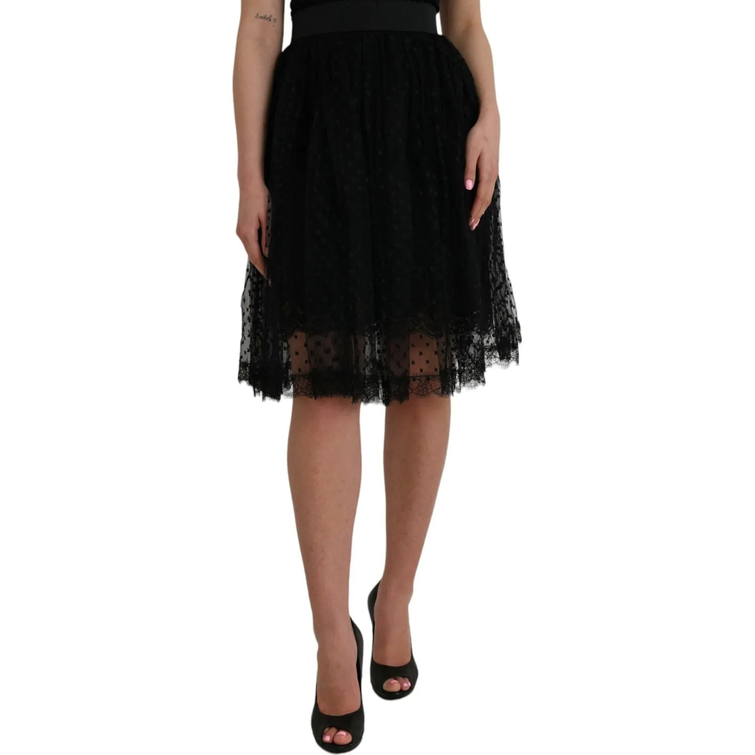 Dolce & Gabbana Black Nylon Lace Trim High Waist A-line Skirt