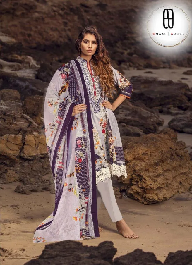 Emaan Adeel Pure lawn Unstitched Pakistani Suits With Mal Mal Duppata