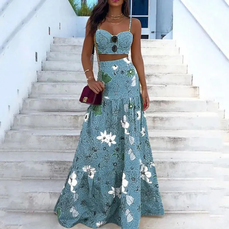 Floral Strapped Bra High Waist Long Skirts Summer Casual Off Shoulder Tropical 2-piece Women 2024 Luxury Set