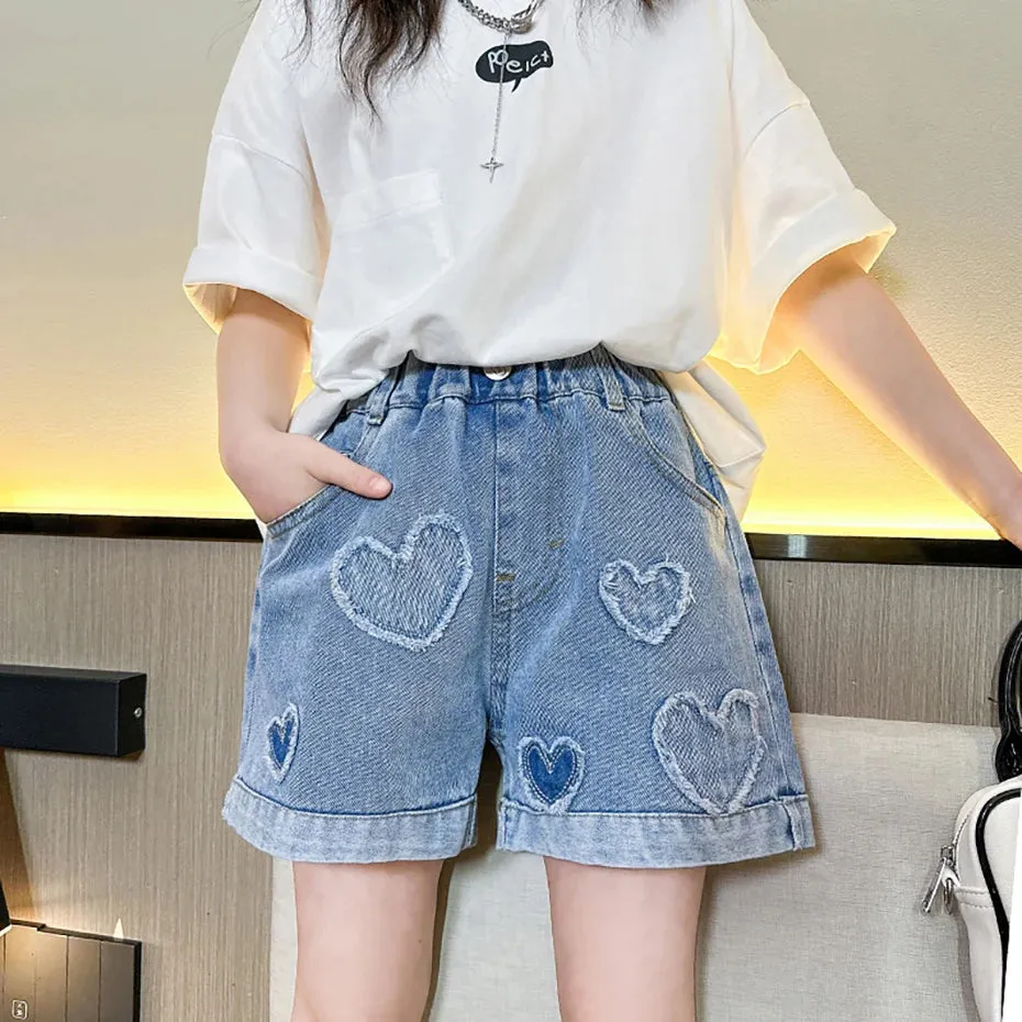 Girls Denim Short Heart Pattern Jeans For Girls Summer Children Jeans Casual Style Kids Clothes 6 8 10 12 14