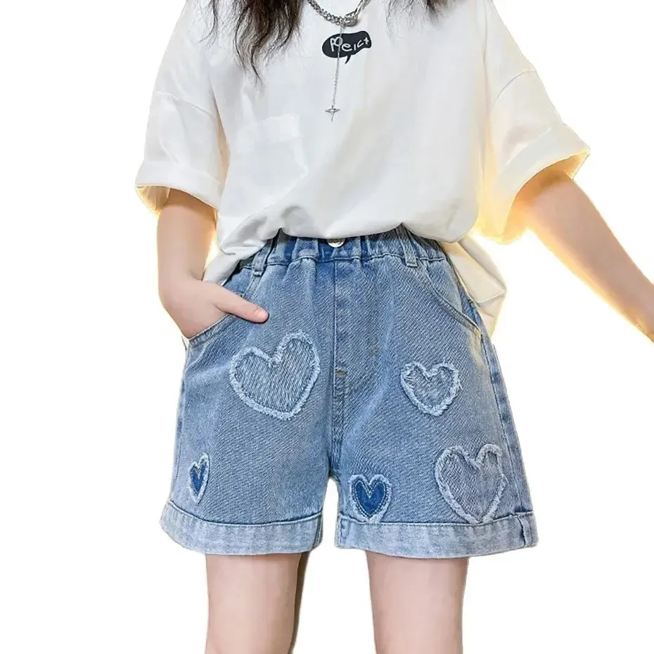 Girls Denim Short Heart Pattern Jeans For Girls Summer Children Jeans Casual Style Kids Clothes 6 8 10 12 14