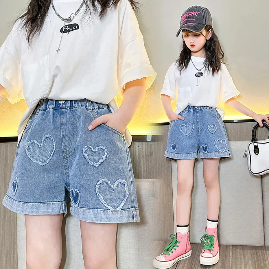 Girls Denim Short Heart Pattern Jeans For Girls Summer Children Jeans Casual Style Kids Clothes 6 8 10 12 14