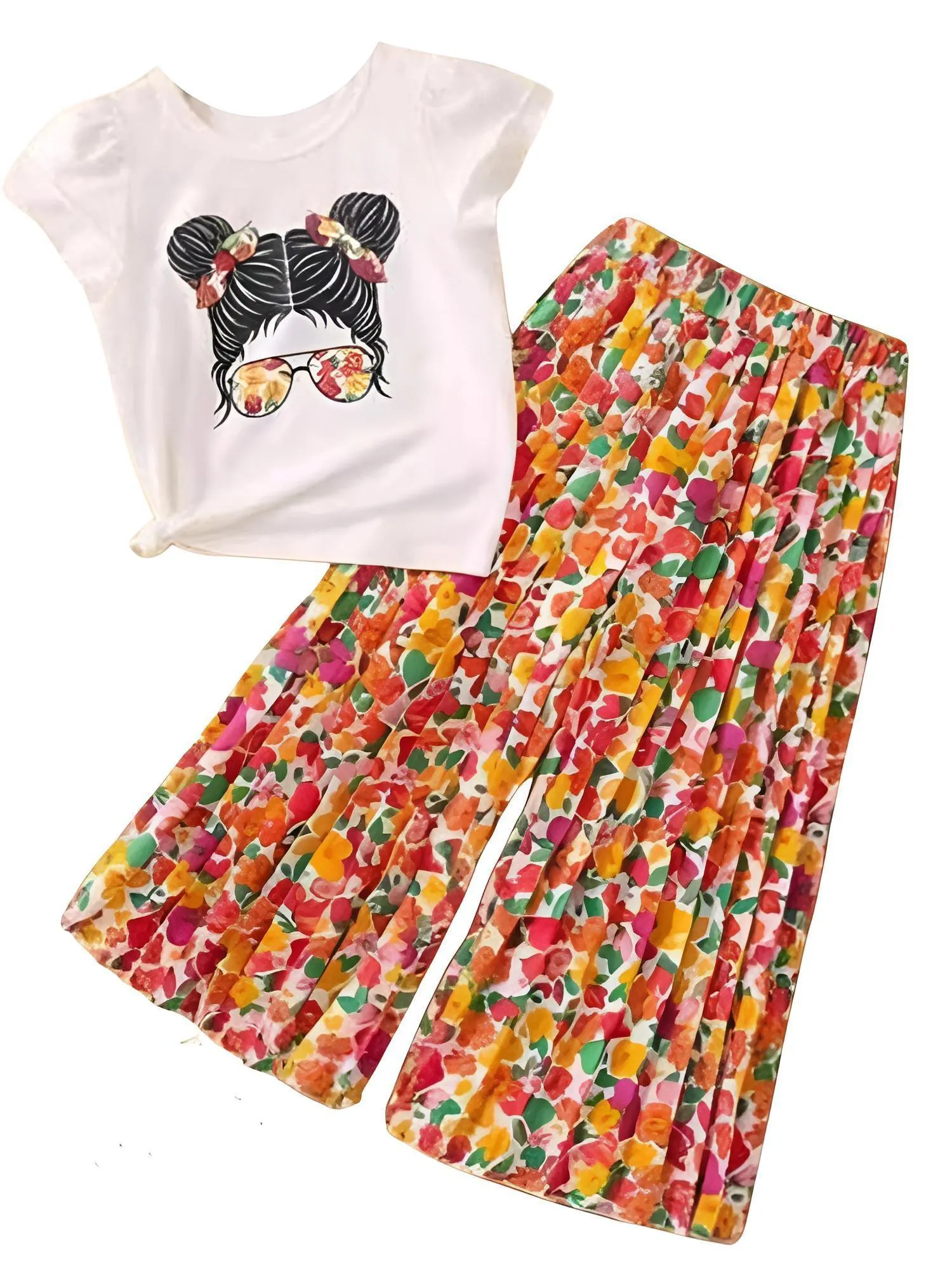 Girls Fashion Short Sleeved T-Shirt   Wide Leg Pants Casual Two-Piece Set Kids Clothes