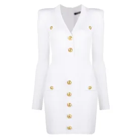 Gold Decorative Buttons Long Sleeve Mini Sweater Dress