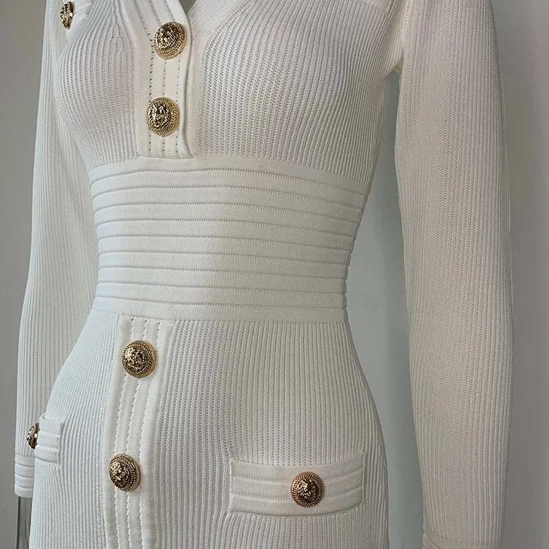 Gold Decorative Buttons Long Sleeve Mini Sweater Dress