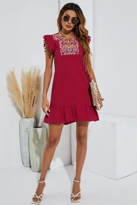 Graphic Embroidered Ruffle Hem Dress