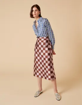 Iona Pink Brown Puzzle Print Silk Jacquard Midi Skirt