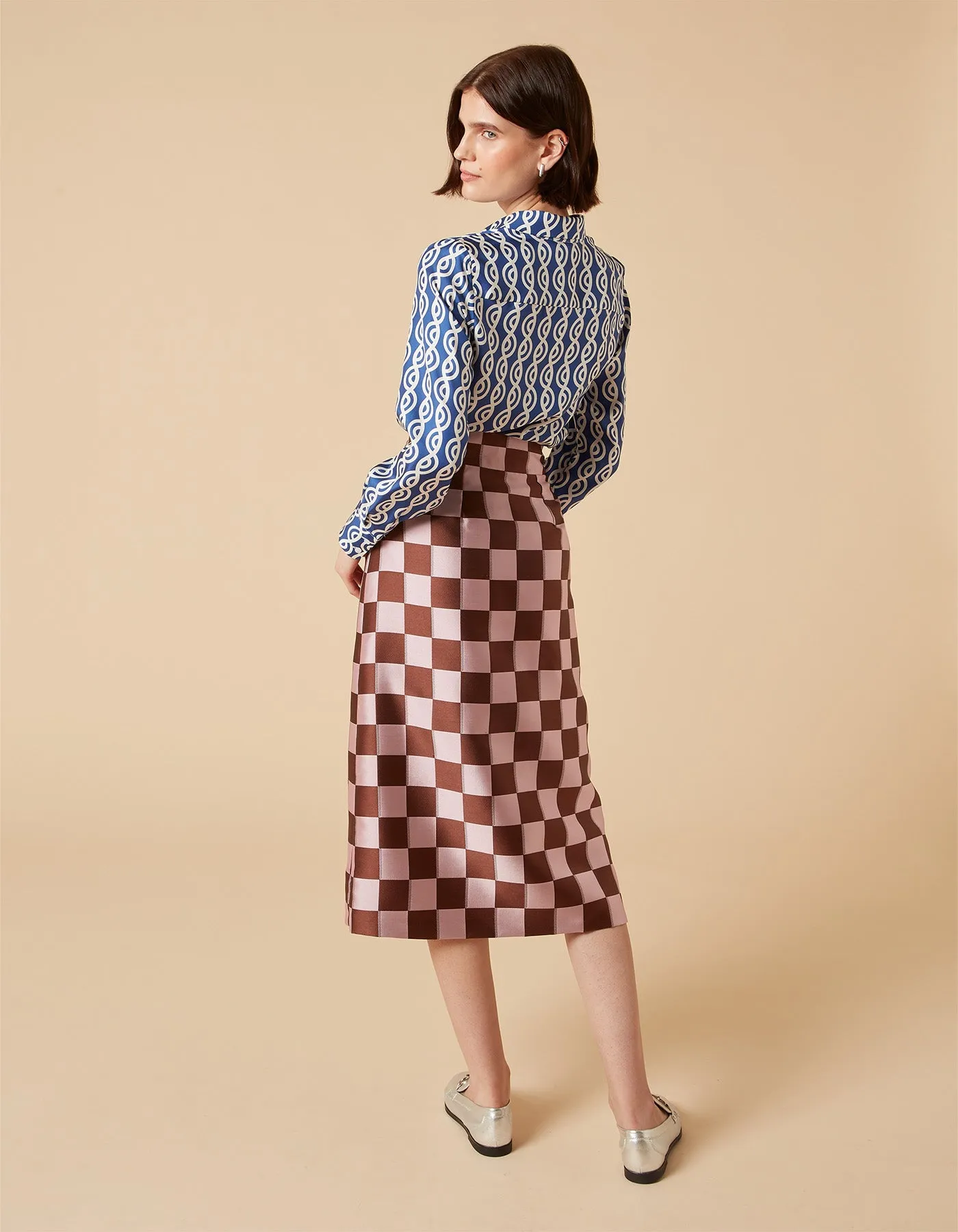 Iona Pink Brown Puzzle Print Silk Jacquard Midi Skirt