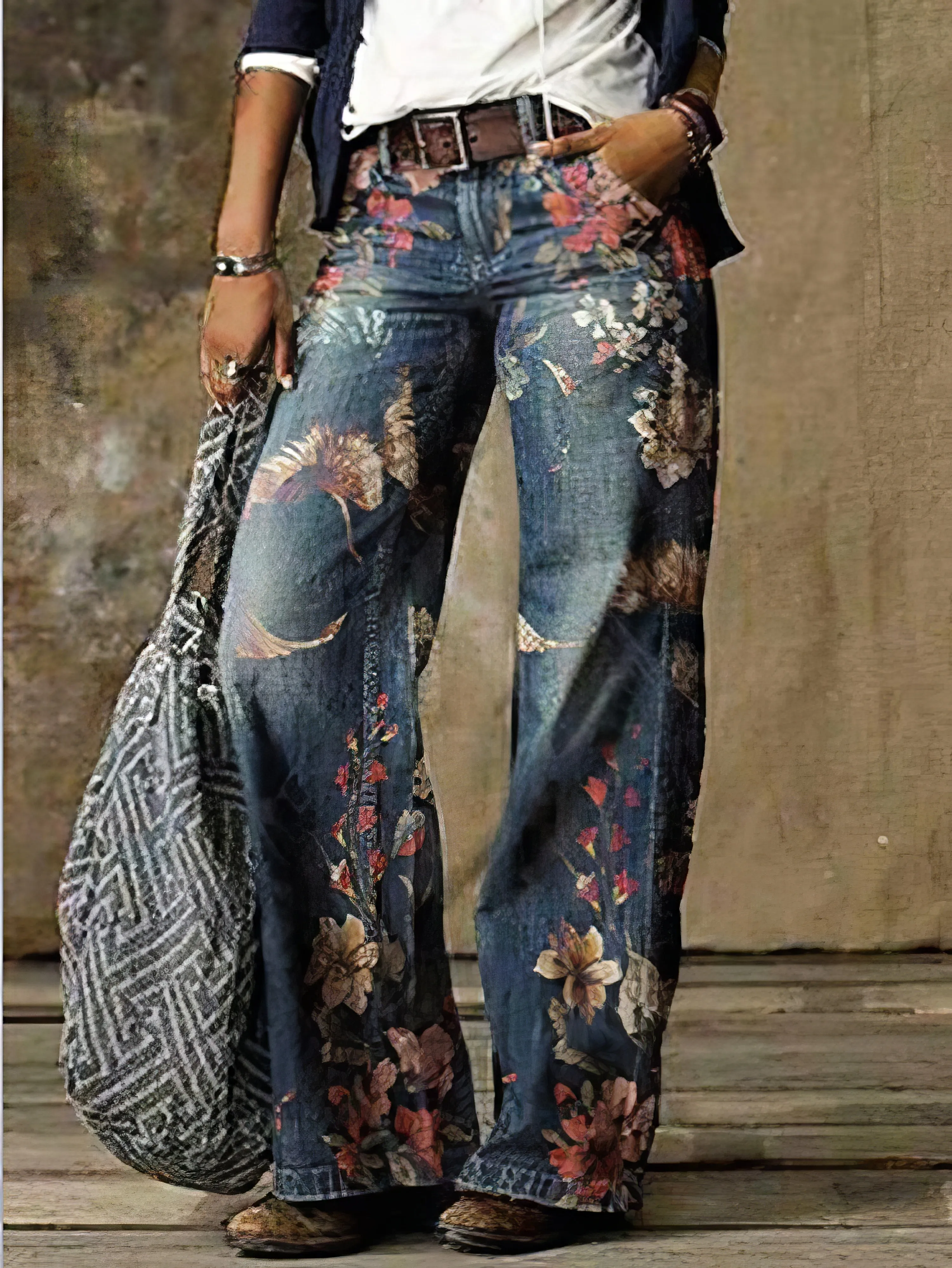 Jeans Casual Floral Print Pocket Wide-Leg Jeans for Women