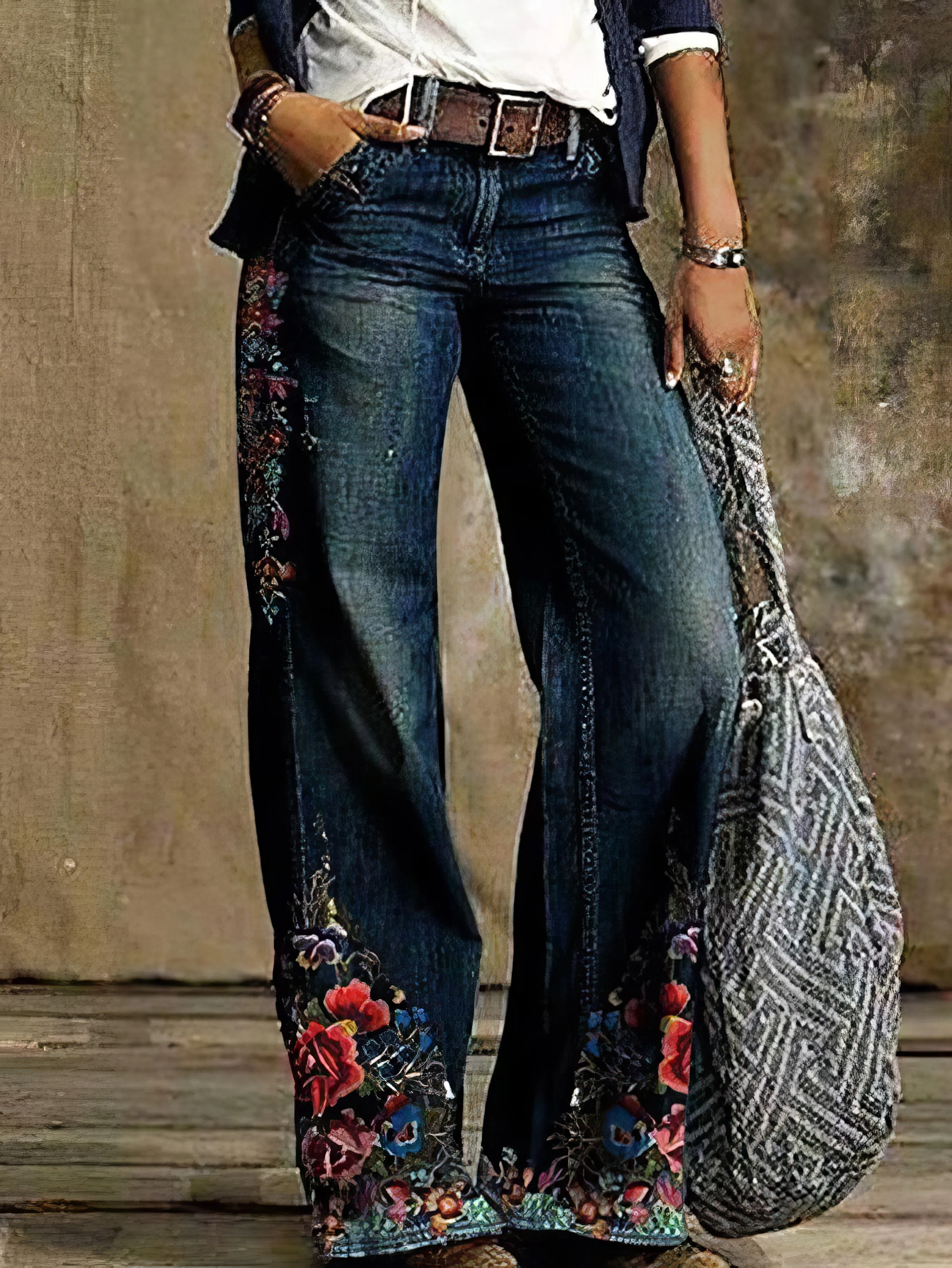 Jeans Casual Floral Print Pocket Wide-Leg Jeans for Women