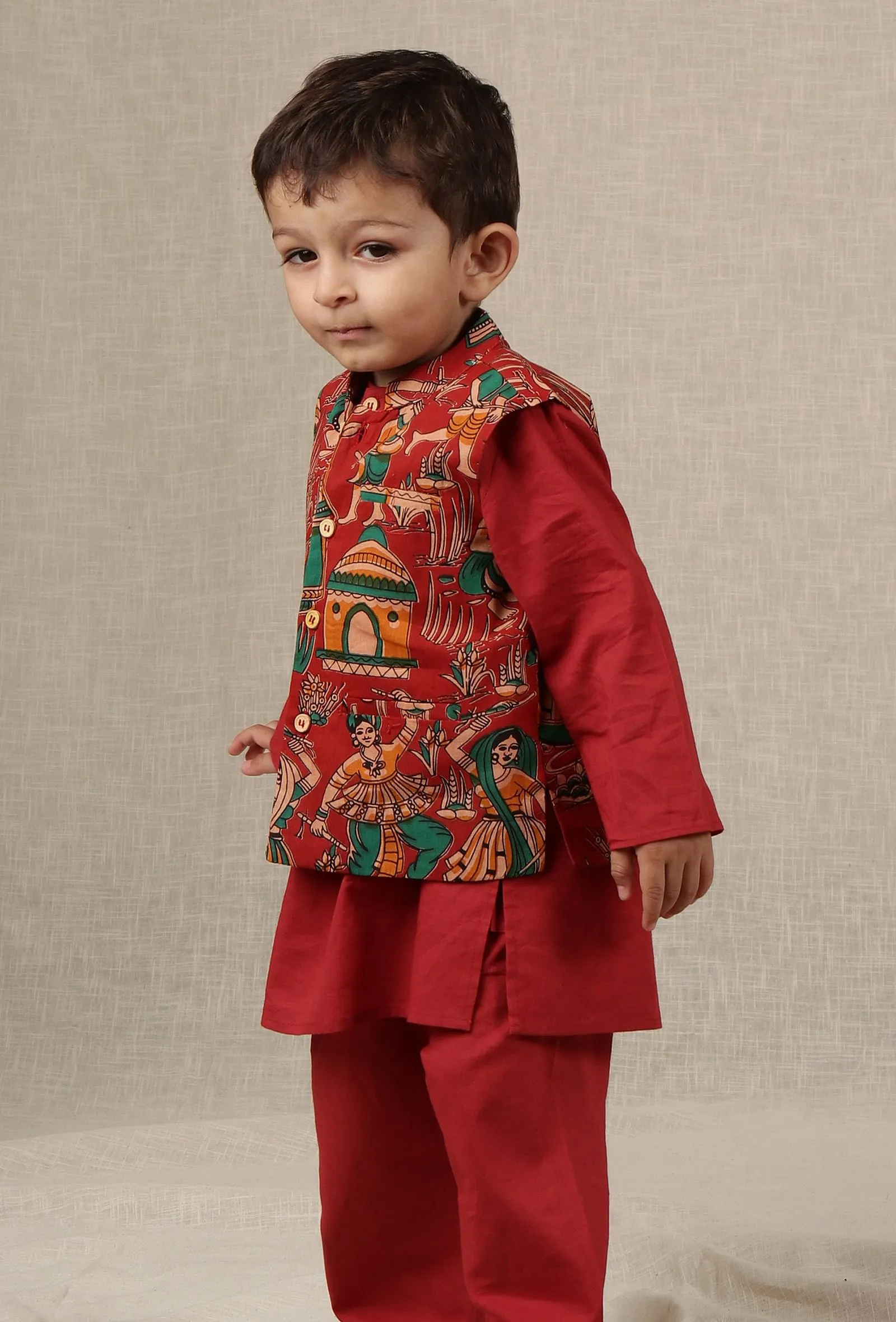 Kairav Maroon Kalamkari Printed Cotton Nehru Jacket