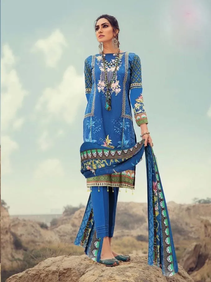 Lawn cotton pakistani style blue dress material for women