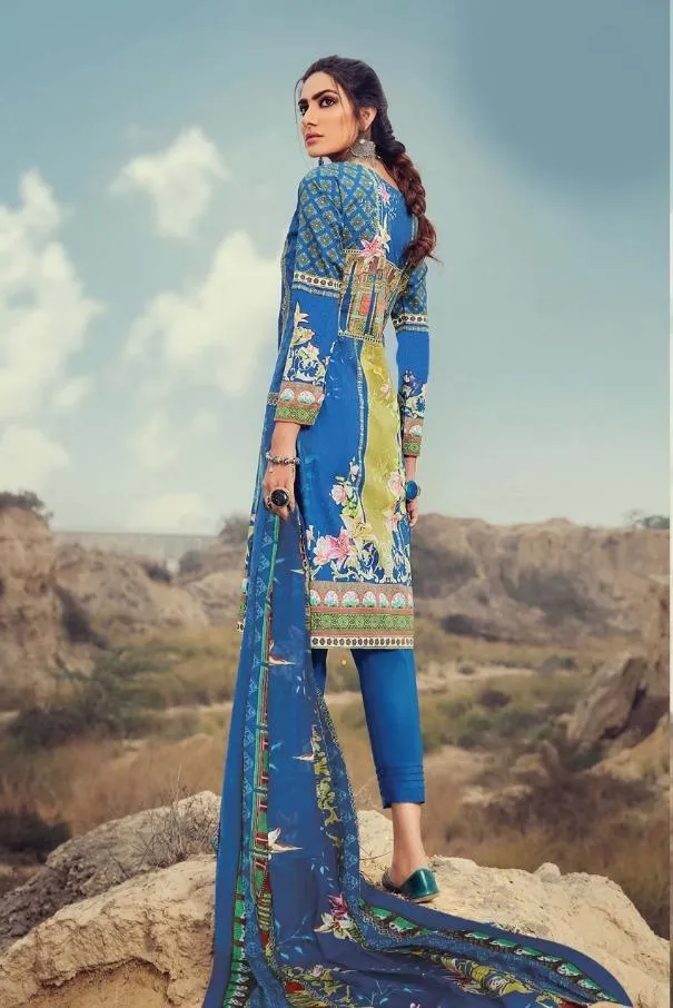 Lawn cotton pakistani style blue dress material for women