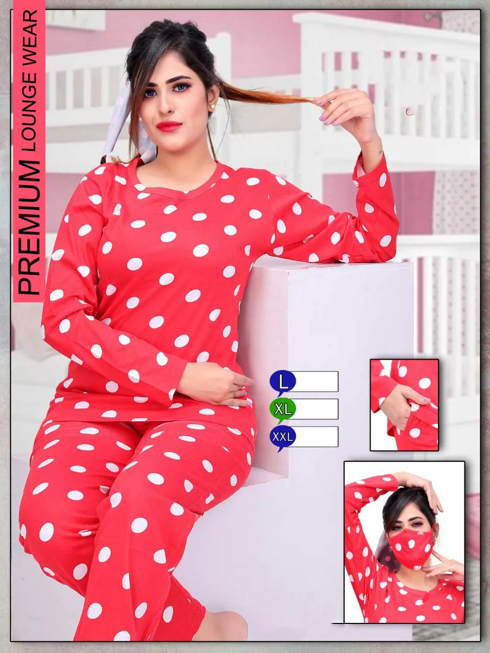 Long Top Full Sleeves Red Cotton Night Suit for ladies