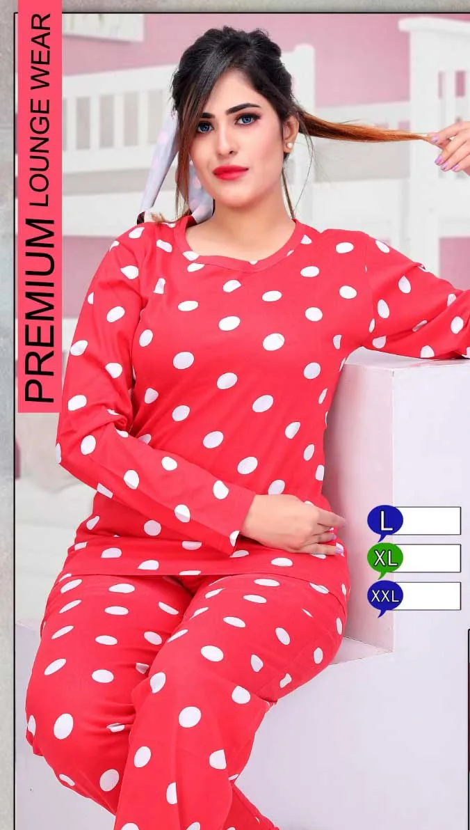 Long Top Full Sleeves Red Cotton Night Suit for ladies