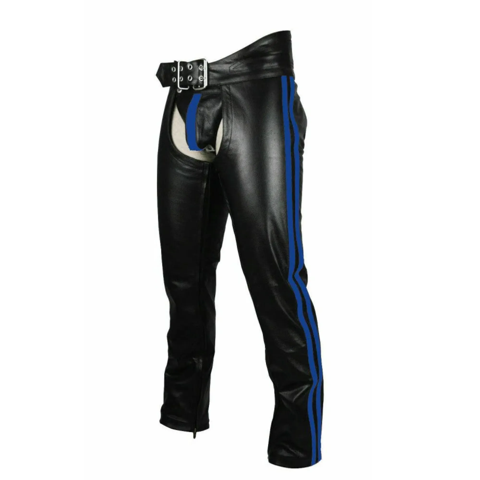 Mens Leather Chaps with Blue Stripes and Belt