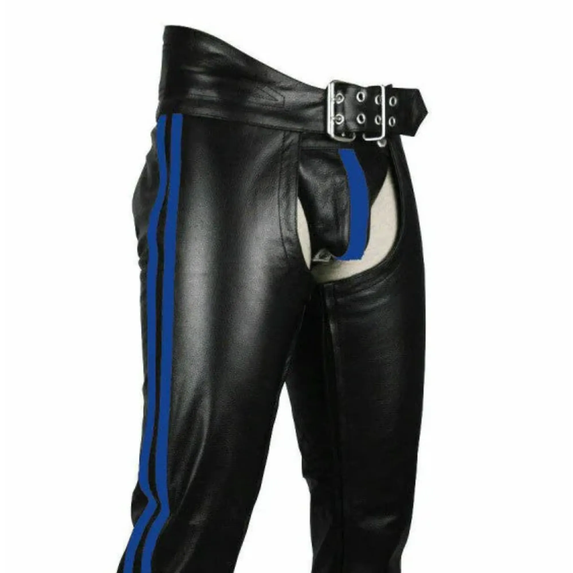 Mens Leather Chaps with Blue Stripes and Belt